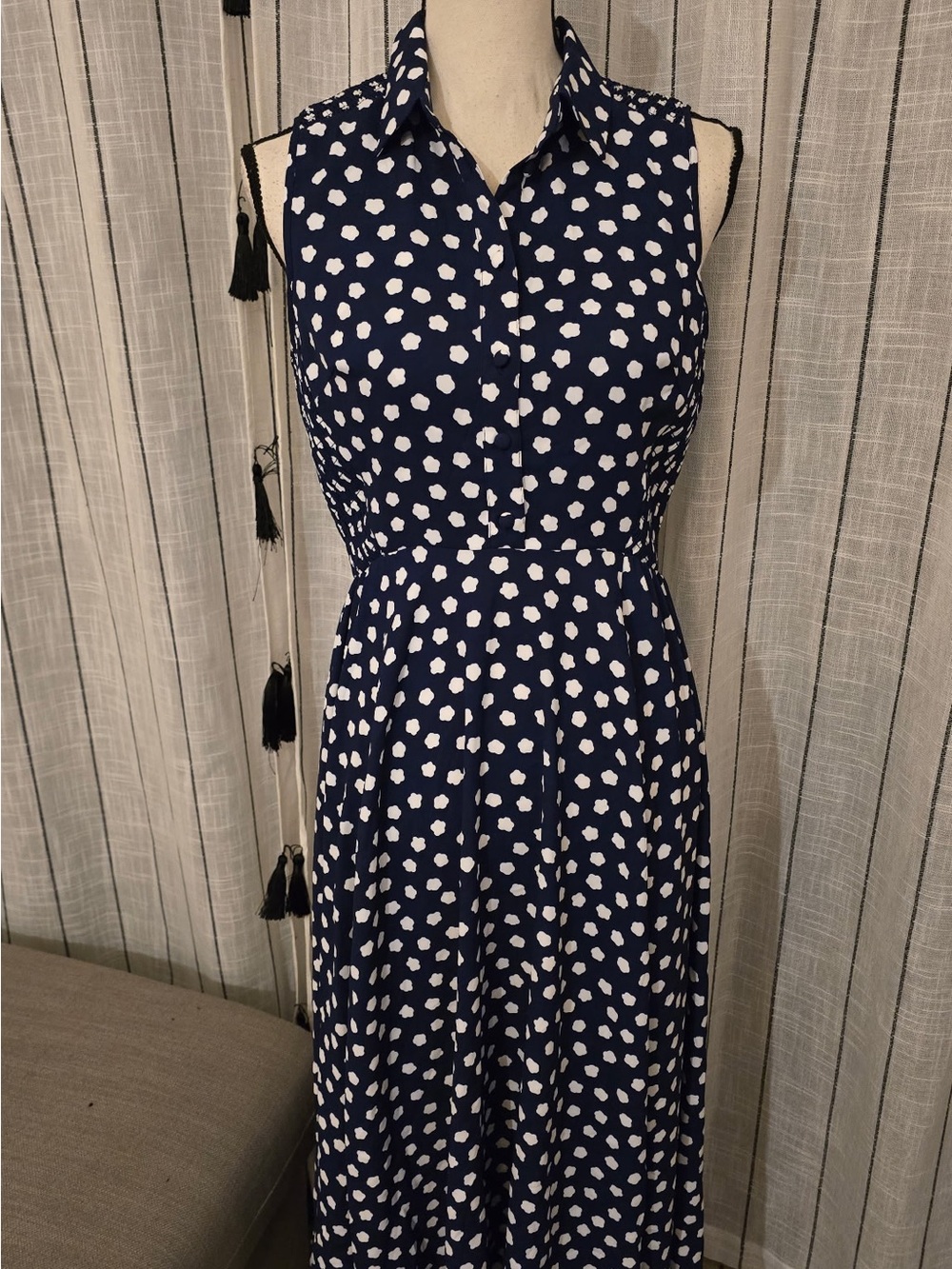 kate spade Navy and White Sleeveless Midi Dress with Dot Print